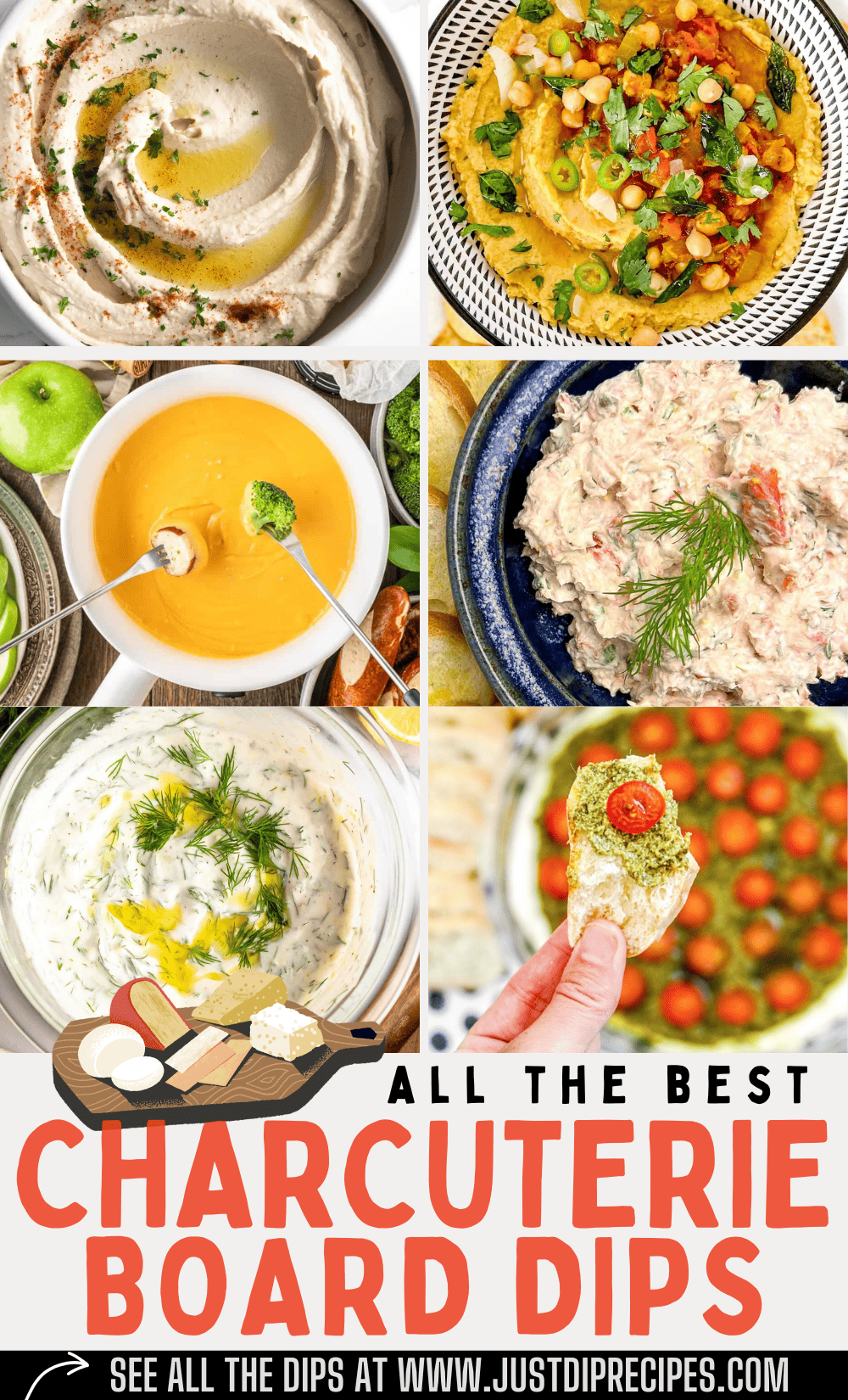 pinterest style pin with Best Dips for Charcuterie Board