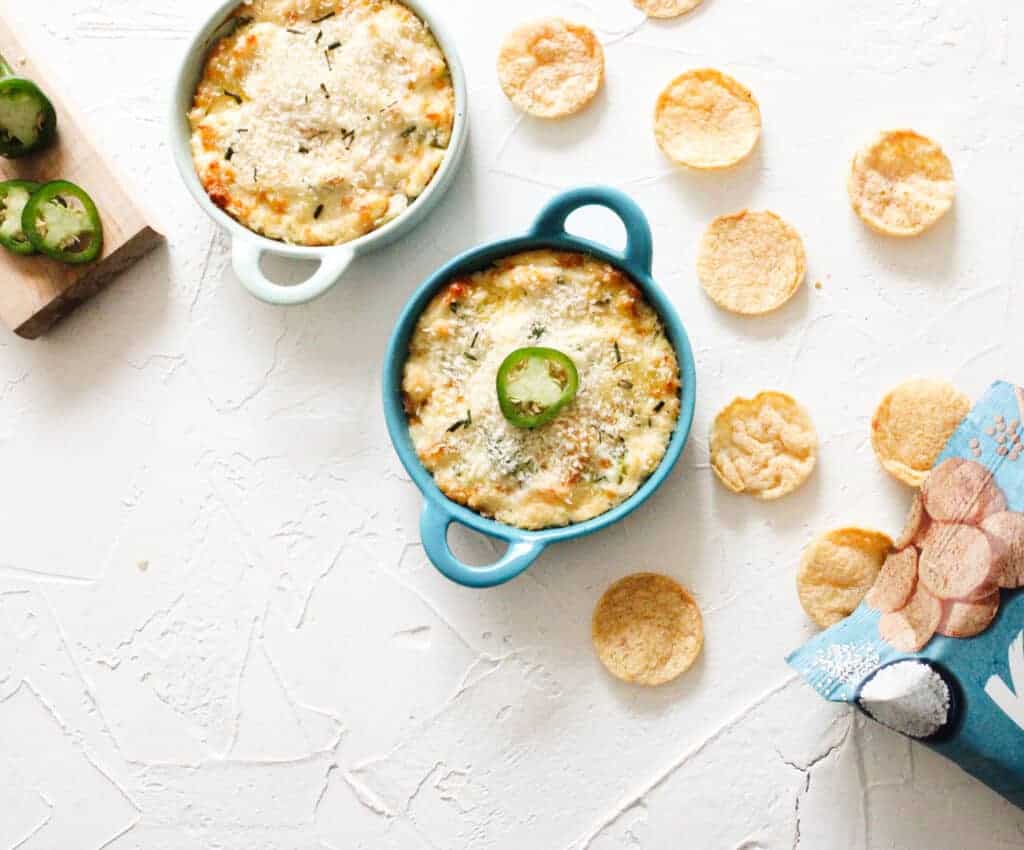 overhead photo of prepared vegan jalapeno popper dip