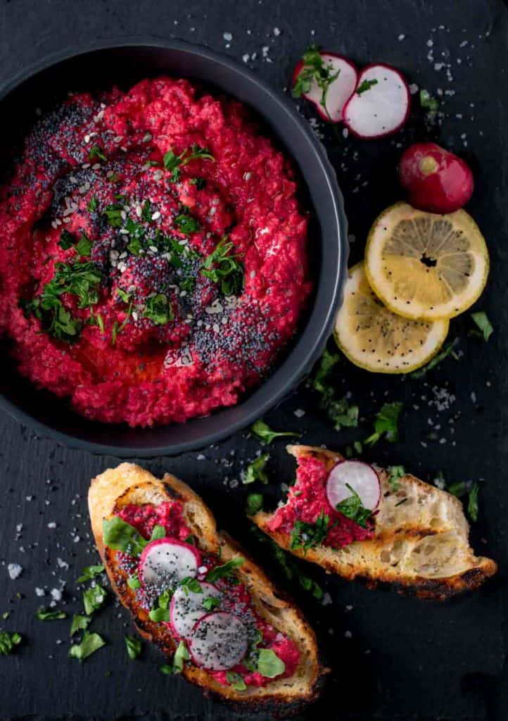 colorful beetroot hummus dip