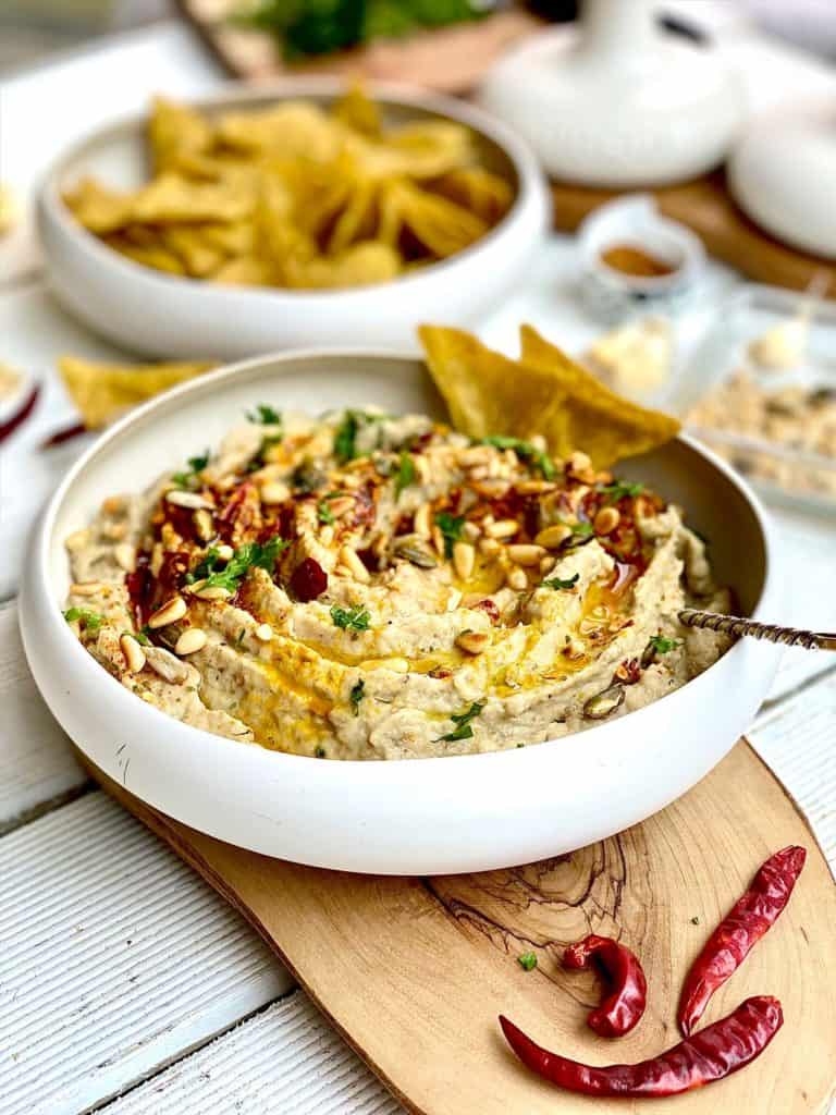 Close up of creamy eggplant dip