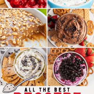 pinterest style photo featuring 6 different dessert dips
