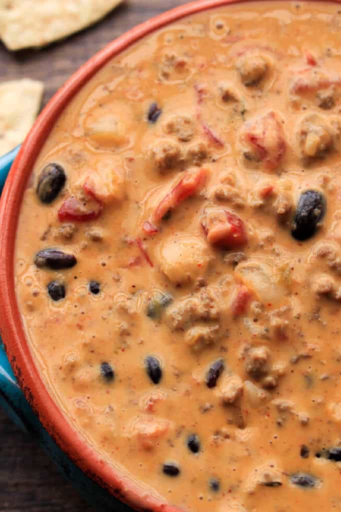 closeup of slow cooker mexican dip make in a crockpot