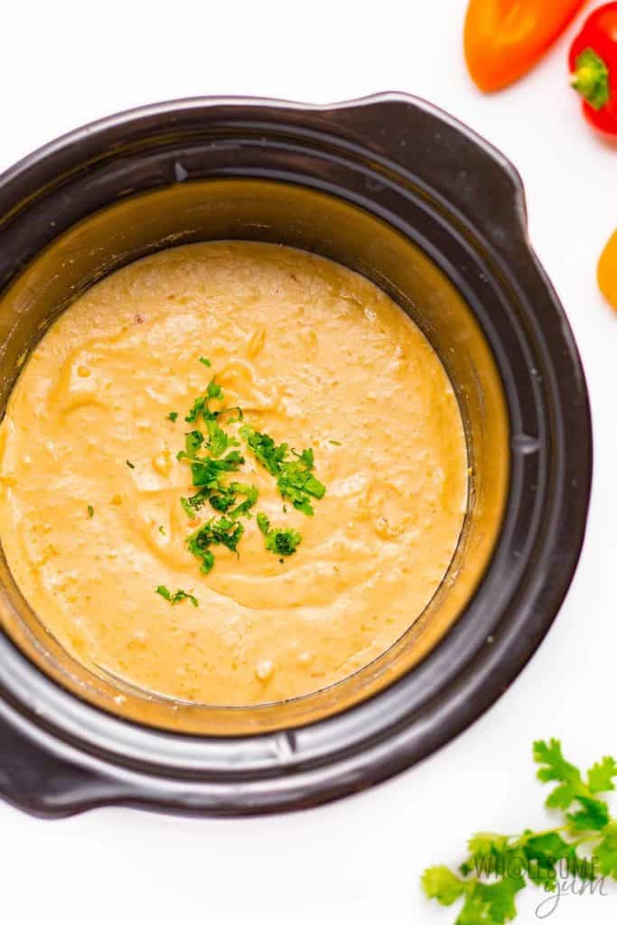 overhead photo of queso dip in a crockpot