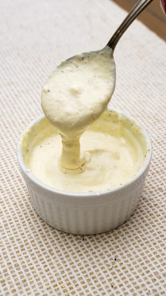 homemade Horseradish Mayonnaise in a ramekin with a spoon