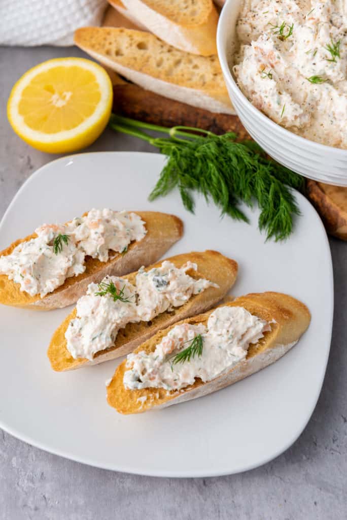 salmon cream cheese dip on crostini