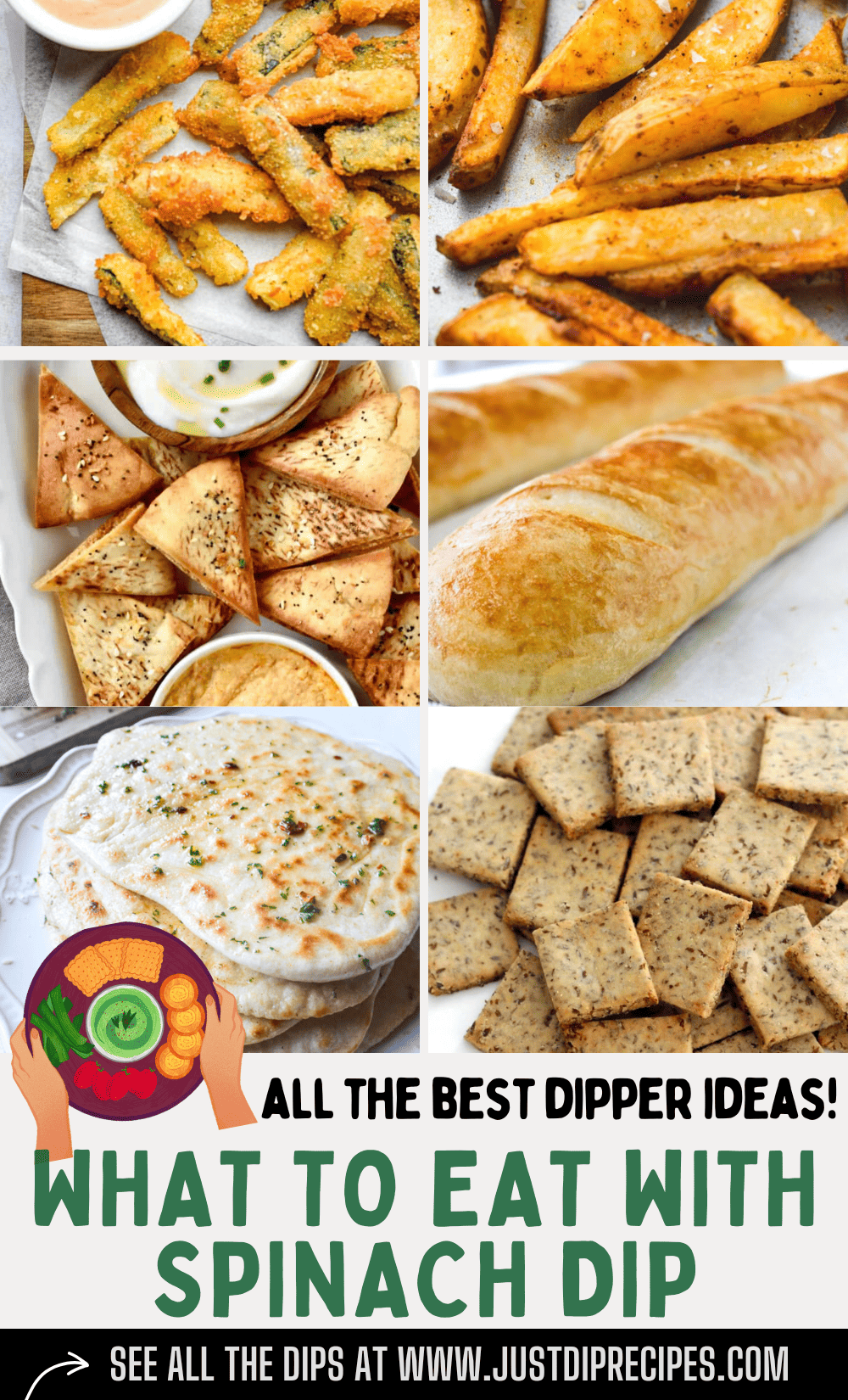 pinterest style image with what to eat with spinach dip