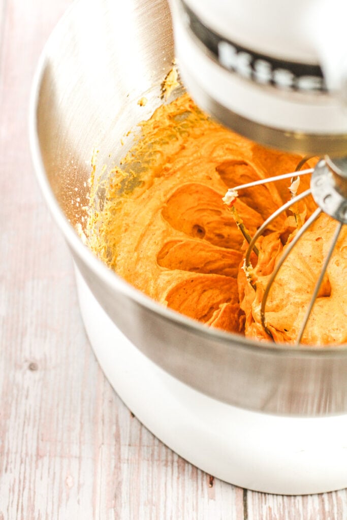 pumpkin cream cheese dip in a mixer whipped until fluffy