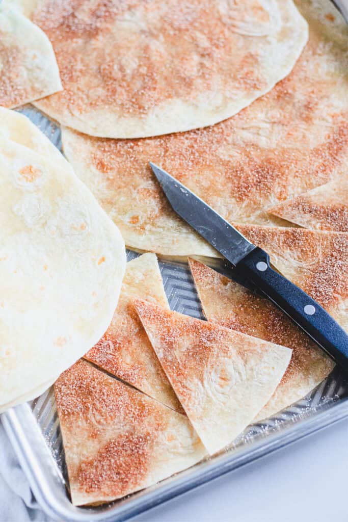 cut tortillas for homemade cinnamon sugar tortilla chips