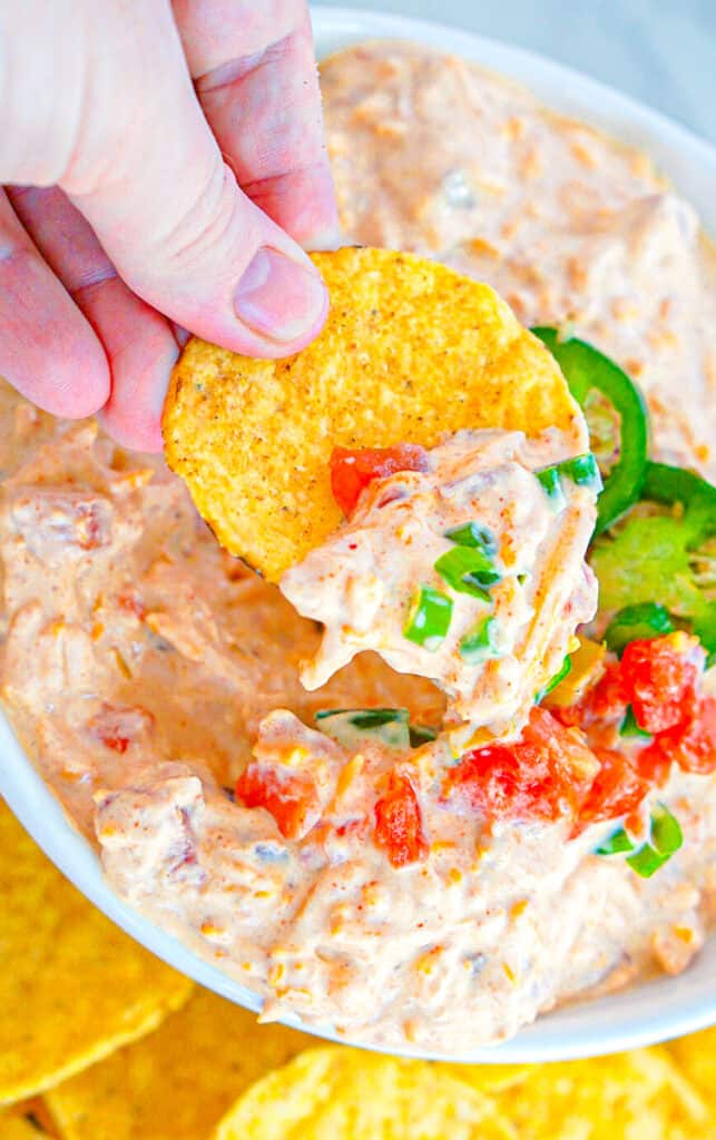 Overhead shot of chip dipped in boat dip. 