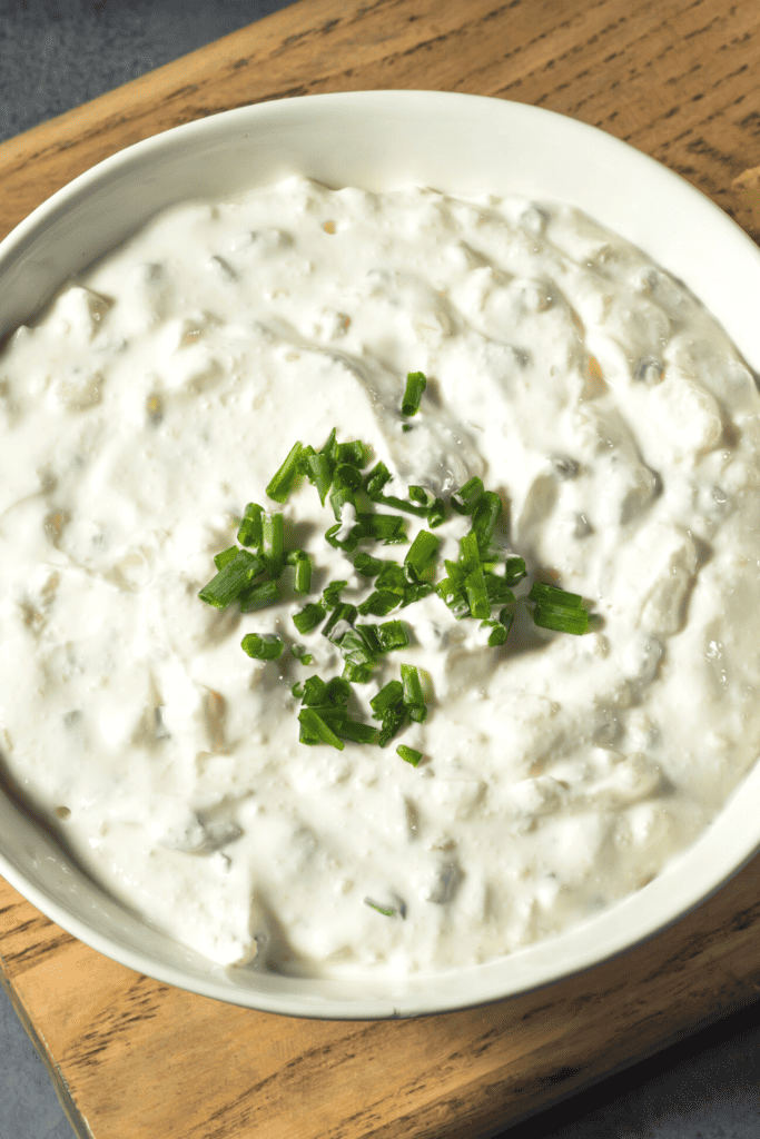 closeup photo of homemade onion dip on a counter