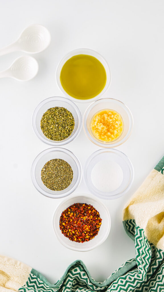 bread dipping oil ingredients on a counter