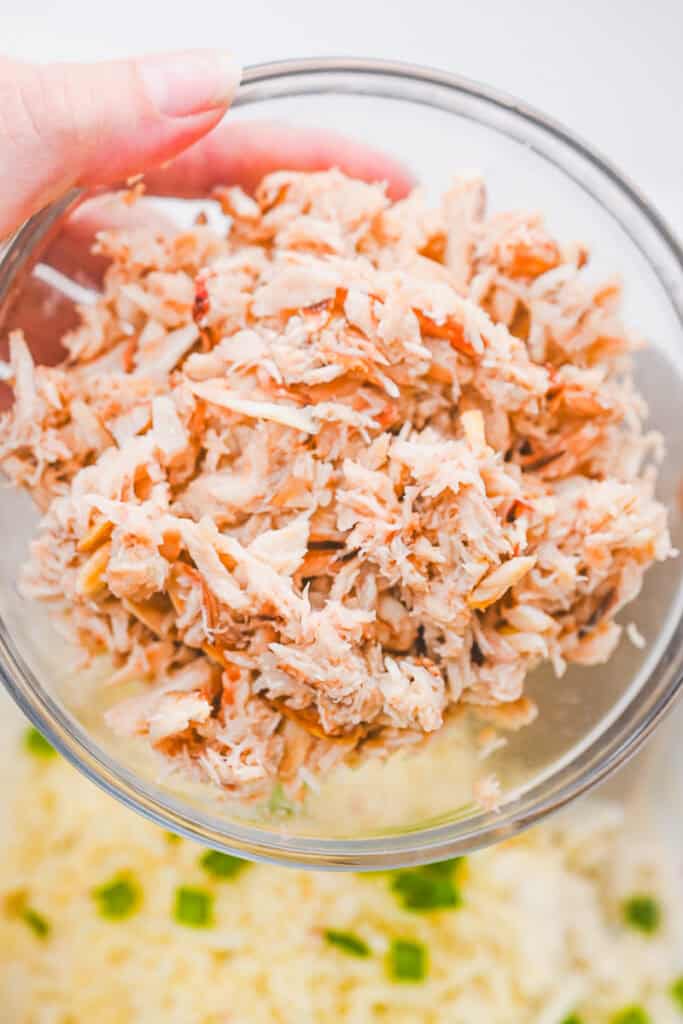 close up of crab meat from a can