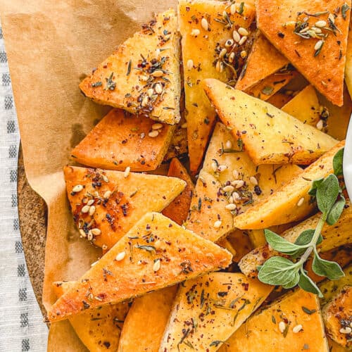 oven baked zaatar pita chips ready for dipping