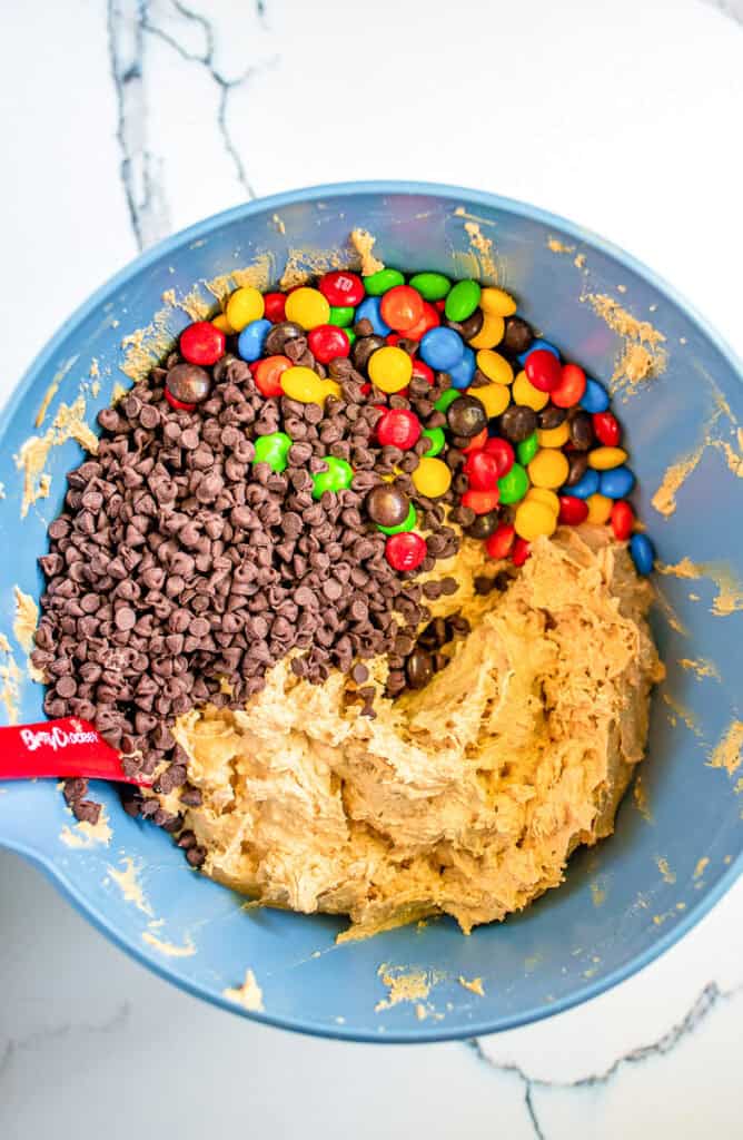 chocolate chips, m&m's stirred into monster cookie dough dip
