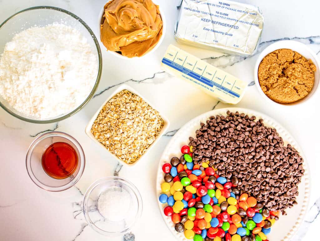 ingredients laid out on a table to make monster cookie dough dip
