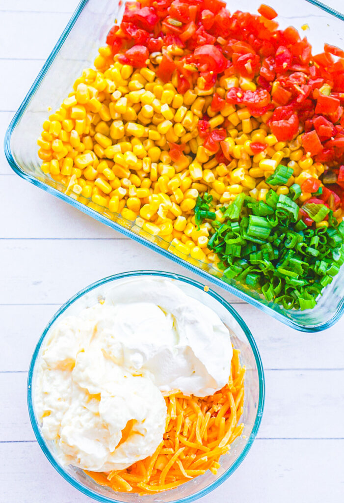 two dishes with ingredients for corn dip with rotel
