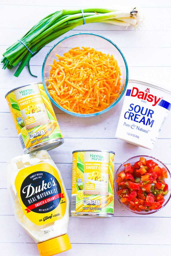 ingredients for corn dip with rotel on a counter