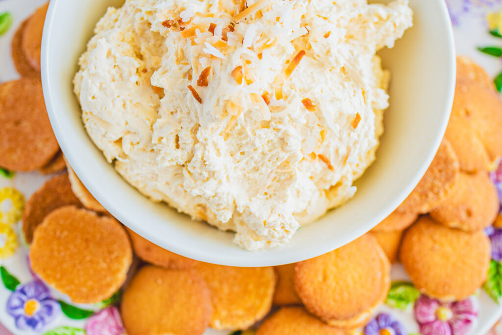 toasted coconut cream dip with caramel
