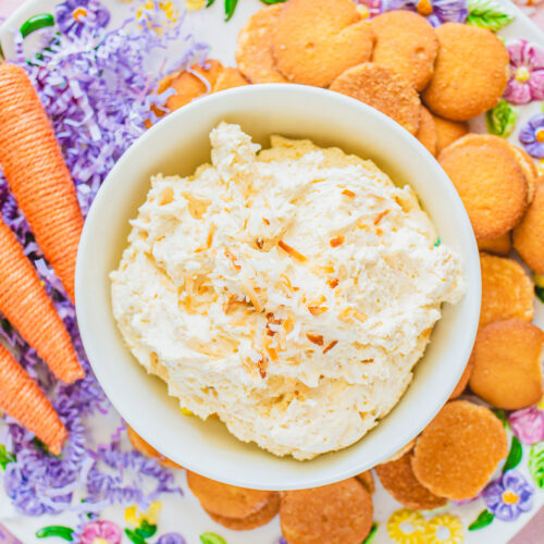coconut cream dip on an Easter platter surrounded by vanilla wafers