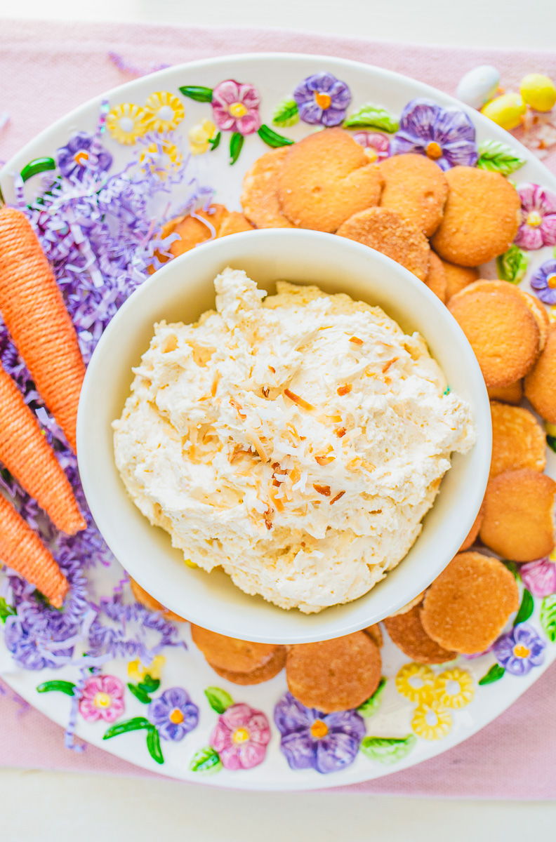 coconut cream dip on an Easter platter surrounded by vanilla wafers