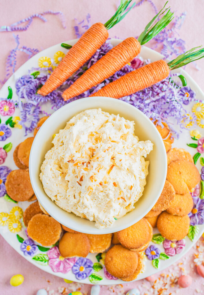 Easter themed coconut cream dip with Nilla wafers on the side