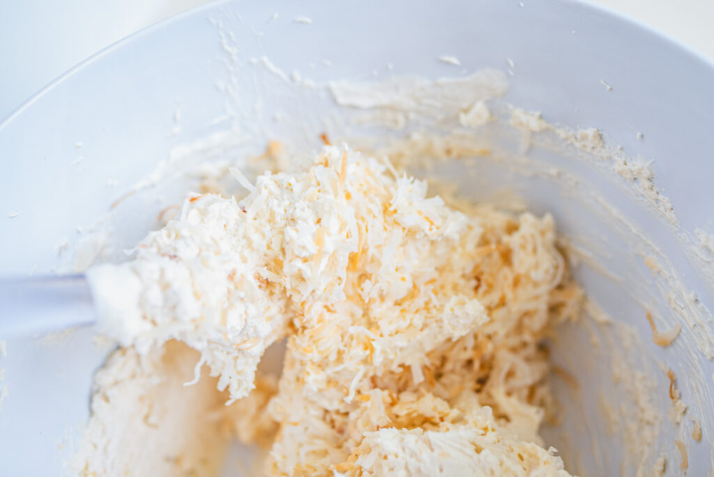creamed coconut dip with toasted coconut topping