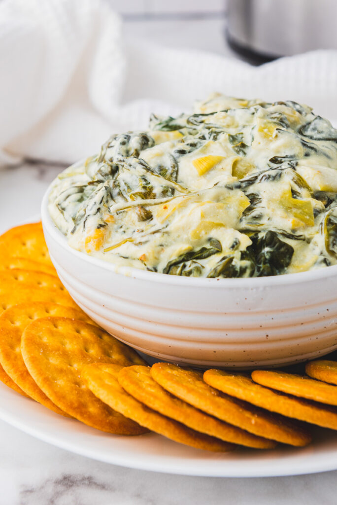 prepared crockpot spinach artichoke dip in a white bowl surrounded by crackers