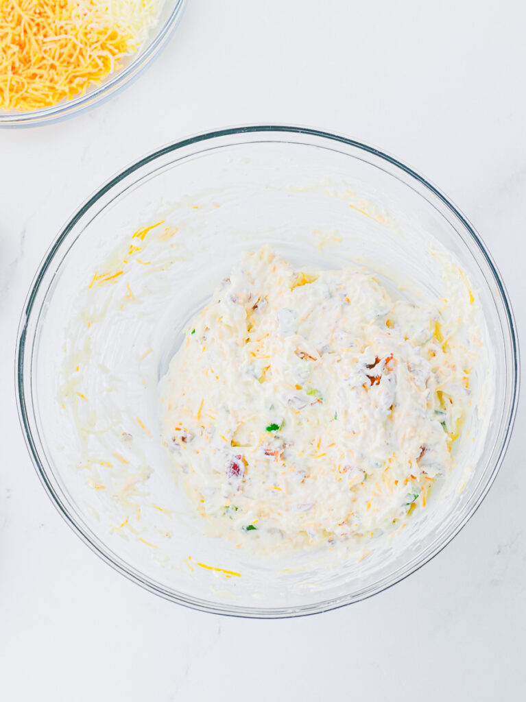 cream cheese, mayo, sour cream, jalapeno and chopped baking in am mixing bowl