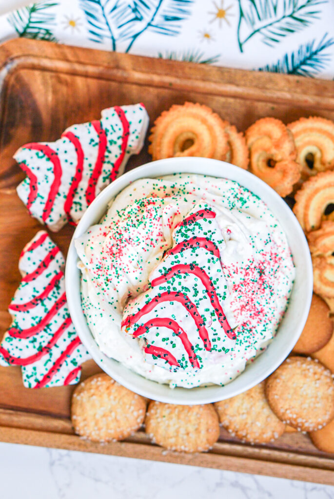 Finished Little Debbie Christmas tree cake dip ready for holiday entertaining