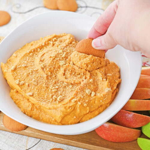 prepared pumpkin pie dipped with a nilla wafer dipper