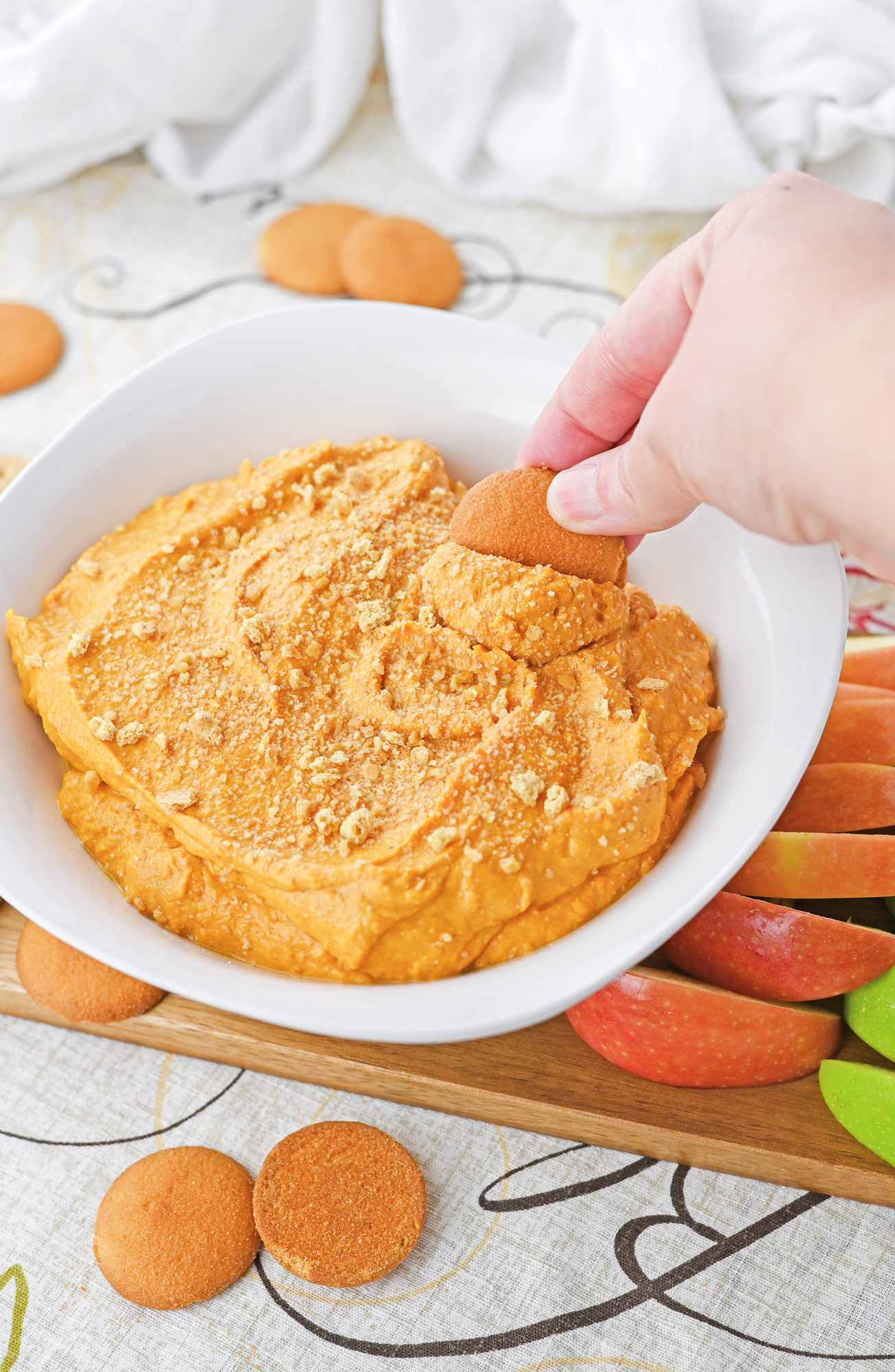 prepared pumpkin pie dipped with a nilla wafer dipper