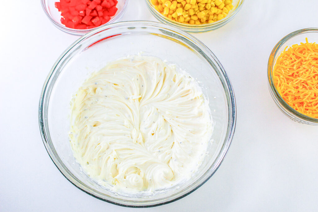 blended cream cheese, mayo and seasoning for corn dip