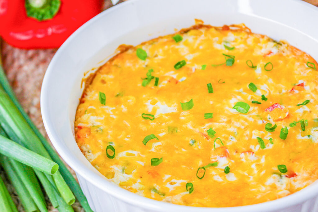 hot and bubbly baked corn dip out of the oven