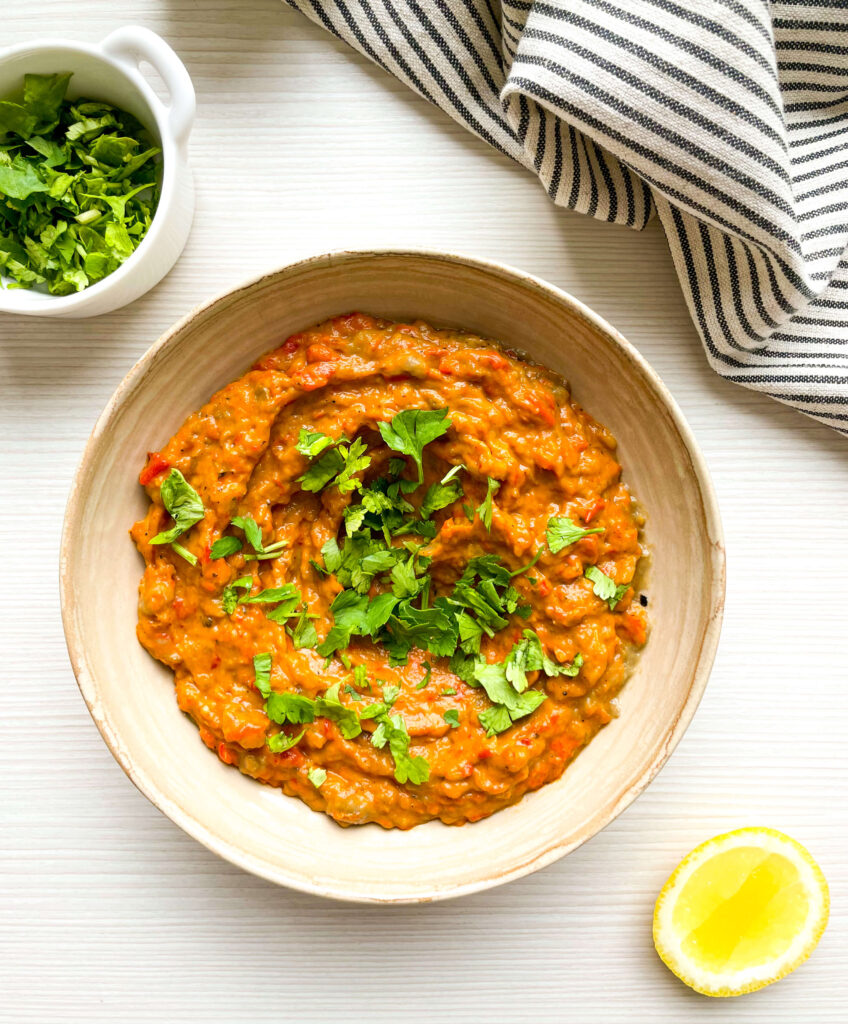 zaalouk made with tomatoes and eggplant and served as a dip