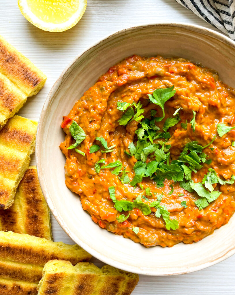 fully prepared Zaalouk Dip with garnish and bread on the side for dipping