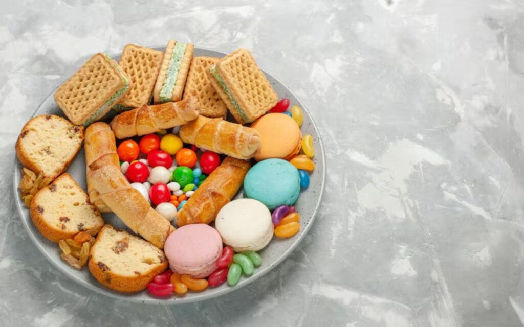 Assorted cookies, candies, and macarons on a plate