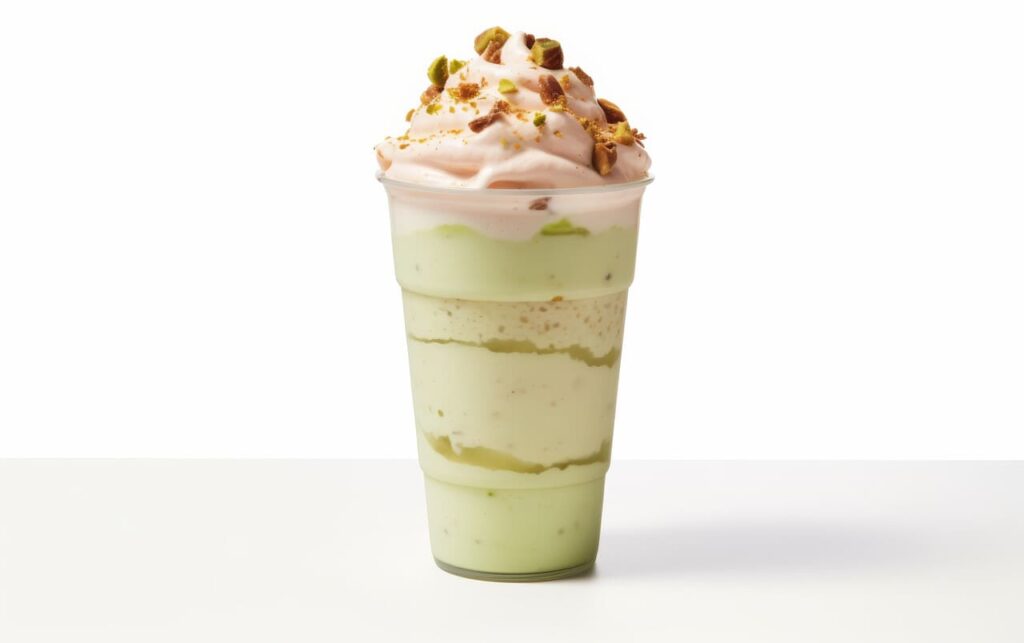 Floral Cream Delight Pistachio and Rosewater Milkshake on white background