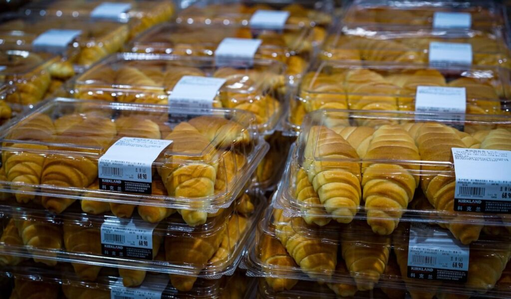 A close-up of many pastries in Costco