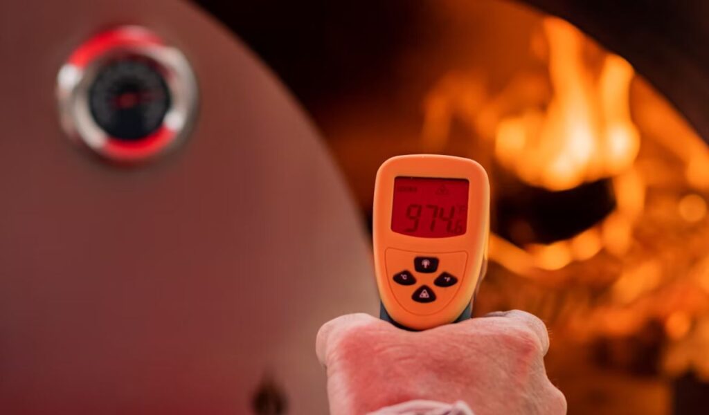 A person holding a thermometer in front of fire