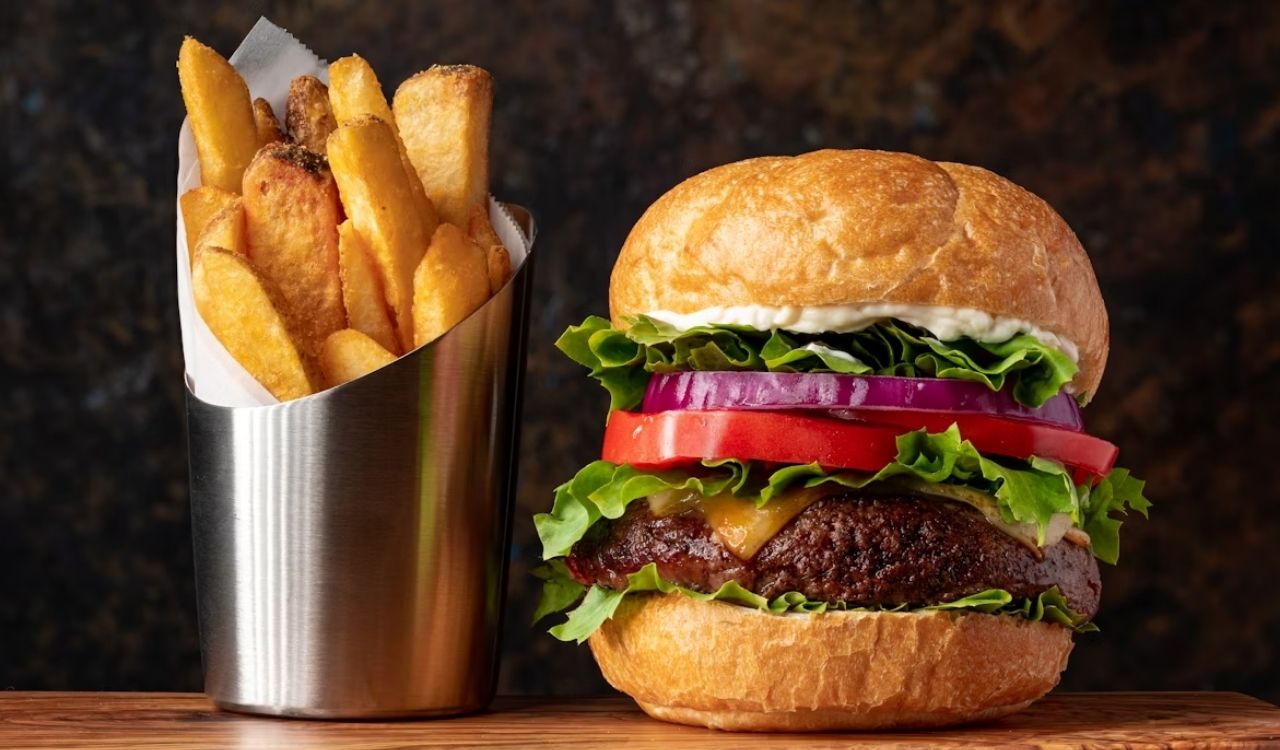 Burger with lettuce and fries