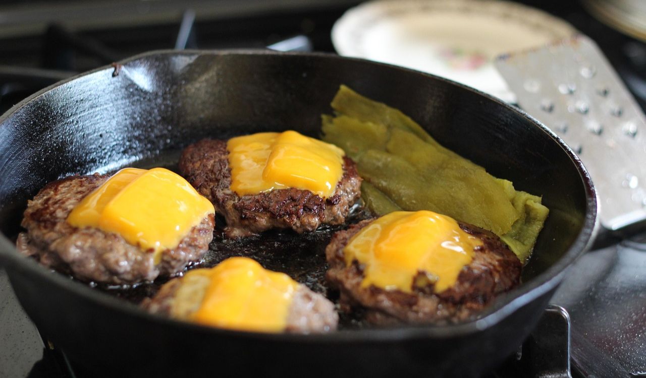 Burgers on cast iron pan
