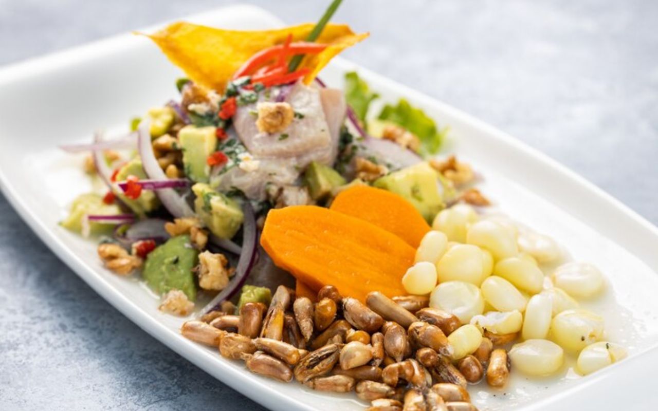 Ceviche with corn, carrots, and toasted corn kernels