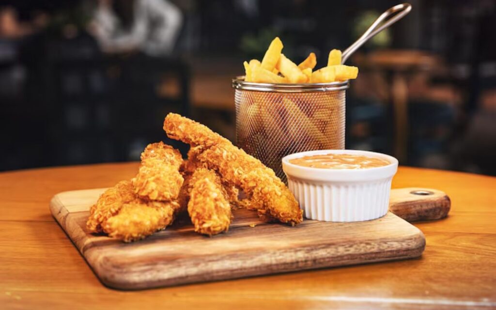 Crispy chicken tenders with fries and dip