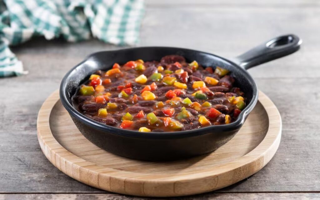 Skillet of chili con carne with beans