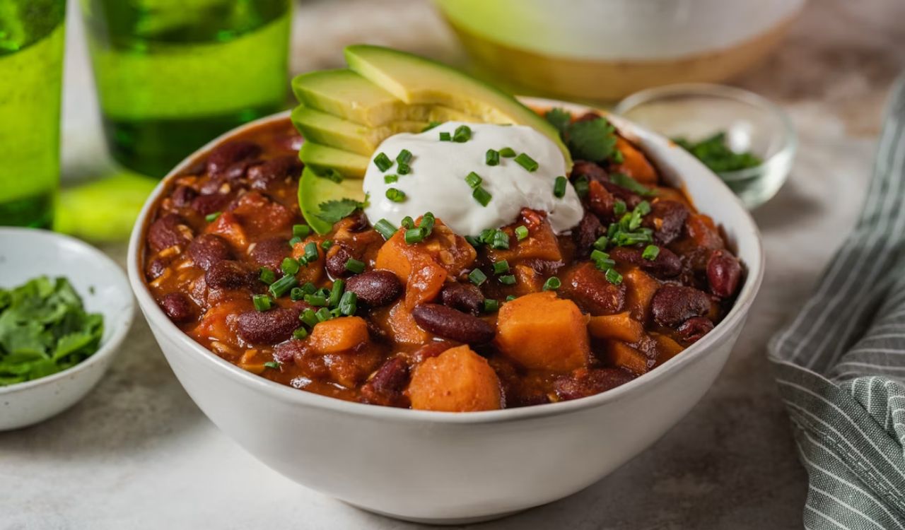 Chili with sweet potato, red beans, and avocado