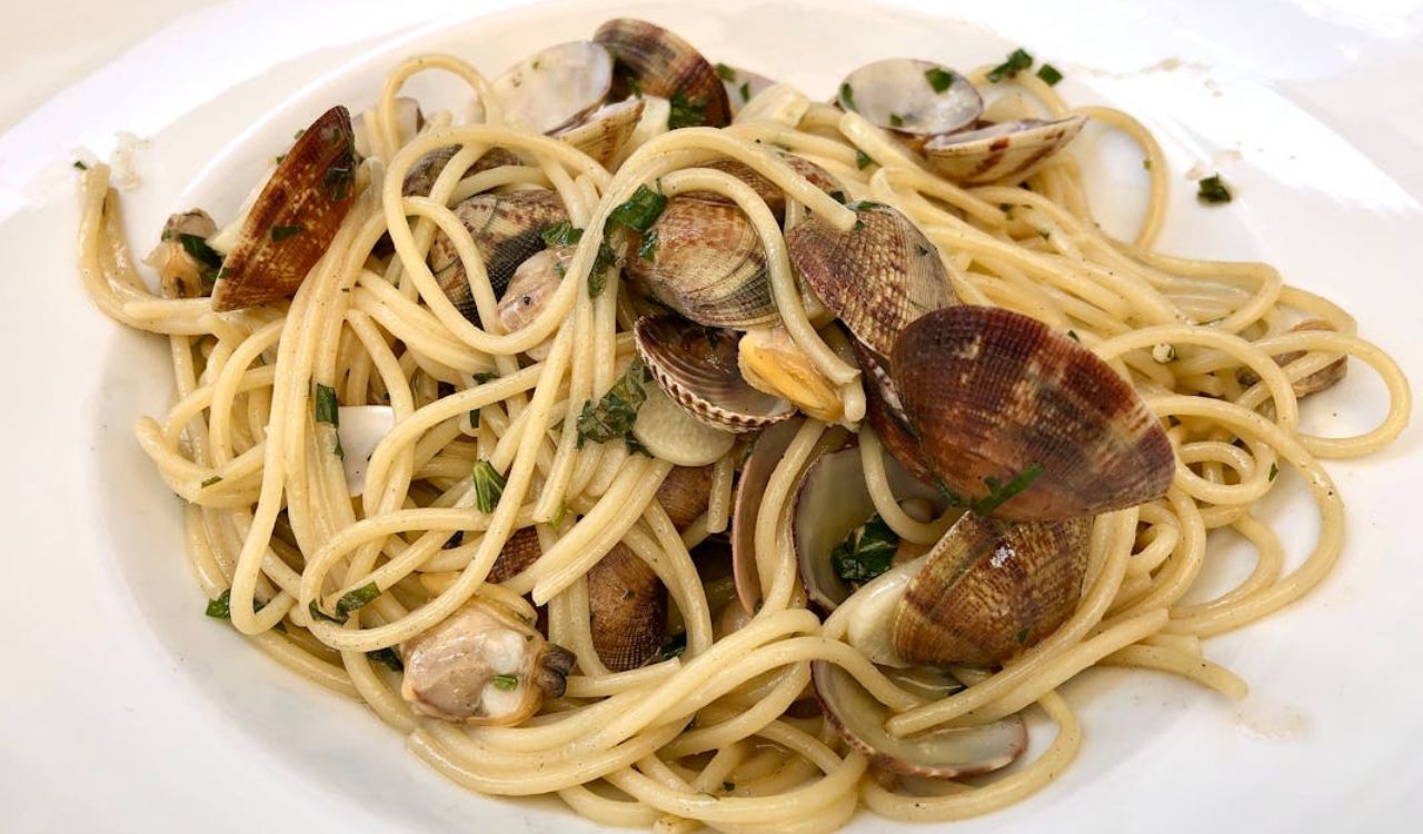 Close-up of seafood pasta