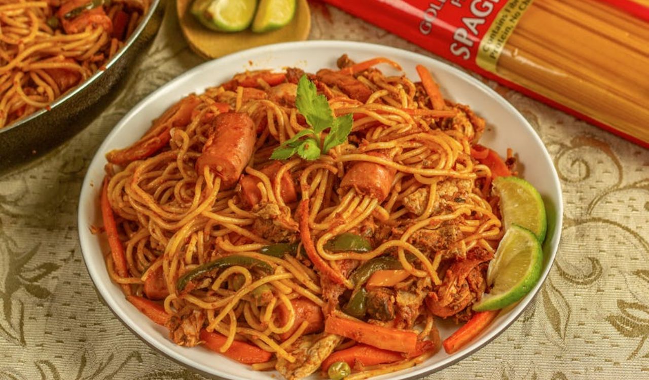 Close-up of spaghetti with hotdogs
