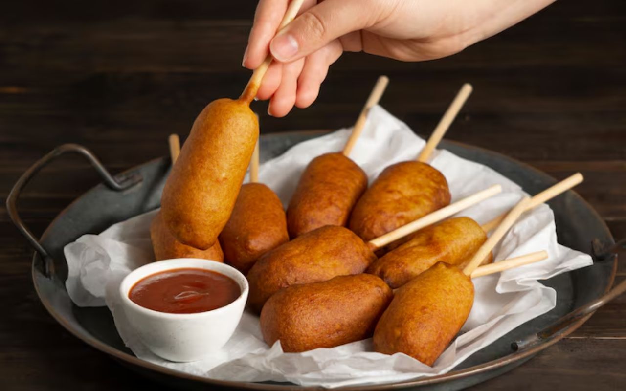 Corn dogs with ketchup dip