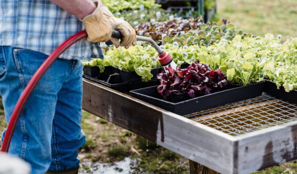 Crop unrecognizable farmer watering plants outside