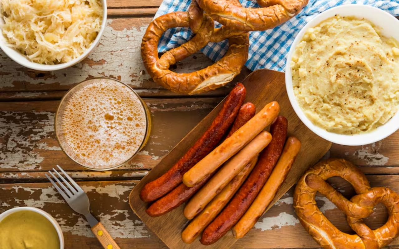 Sausages with pretzels, mashed potatoes, sauerkraut, and beer